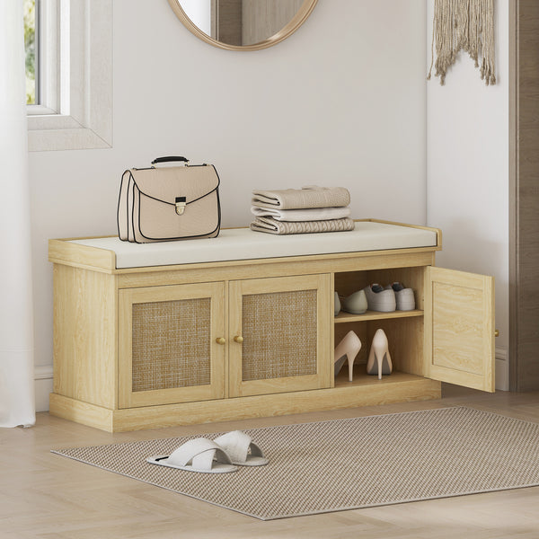 Shoe Storage Bench with Woven Rattan Doors, Shoe Bench with Cushion, Adjustable Shelves, Entryway Bench, Oak Tone