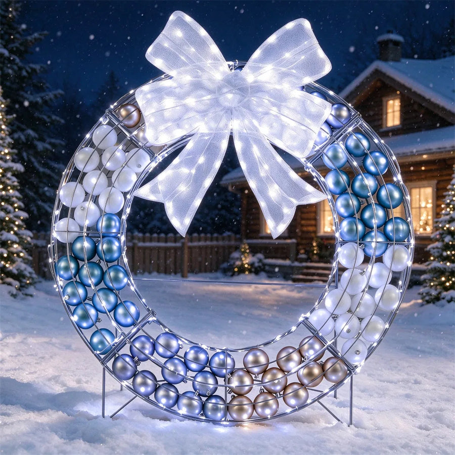 32.5" Pre-Lit Christmas Wreath with 332 LED Lights, Iridescent Bow & 88 Ornament Balls, Powder-Coated Metal Frame, Indoor Outdoor Lighted Xmas Wreath Yard Decor