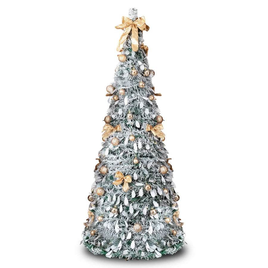 6 FT Snow Flocked Pre-lit Artificial Pop Up Christmas Tree with 100 Warm Lights and Golden Ornaments for Home Office Store Holiday Deco, Snowy Green