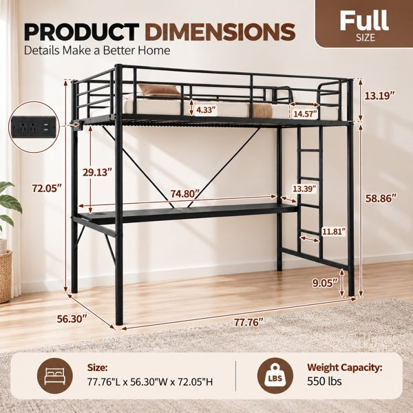 Full Size Metal Loft Bed With Desk, LED Light Strip & Power Outlet, Heavy Duty Round Tube High Loft Bed Frame For Bedroom, Black