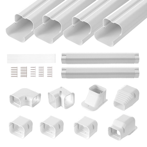 Mini-Split-Line-Set-Abdeckung 76,2 Mm B 5350 Mm L, Dekorative PVC-Rohrleitungsabdeckung Für Klimaanlage Mit 4 Geraden Kanälen Und Vollständigen Komponenten, Überstreichbar Für Wärmepumpen, Weiß